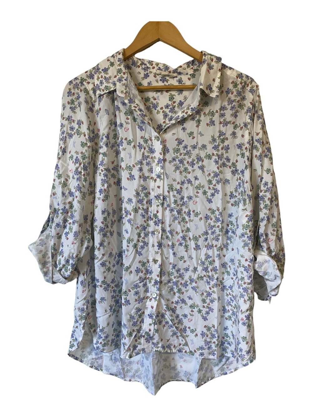 Jane & Delancey Lightweight Floral Button-Up Blouse White and Pastel Florals 1X